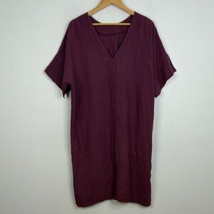 Lenok Linen Dress Womens XXL Purple Pink Short Sleeve Midi Shift Loose Fit